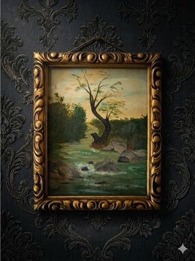 Vintage Original Painting Rustic dark Moody Ornate Gilded Frame 13 x 16 Nature